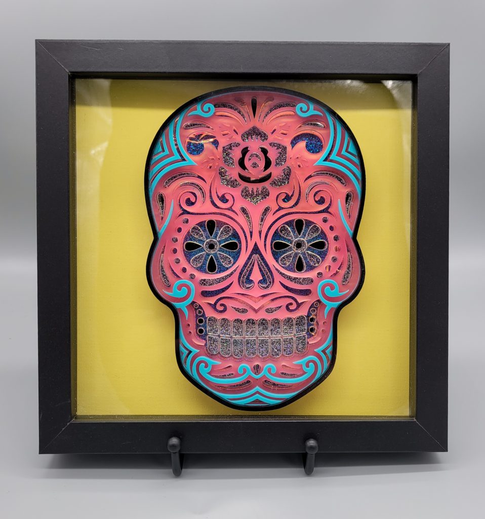 Flower Sugar Skull- 6 layers of colored Acrylic in 8x8 Shadow Box